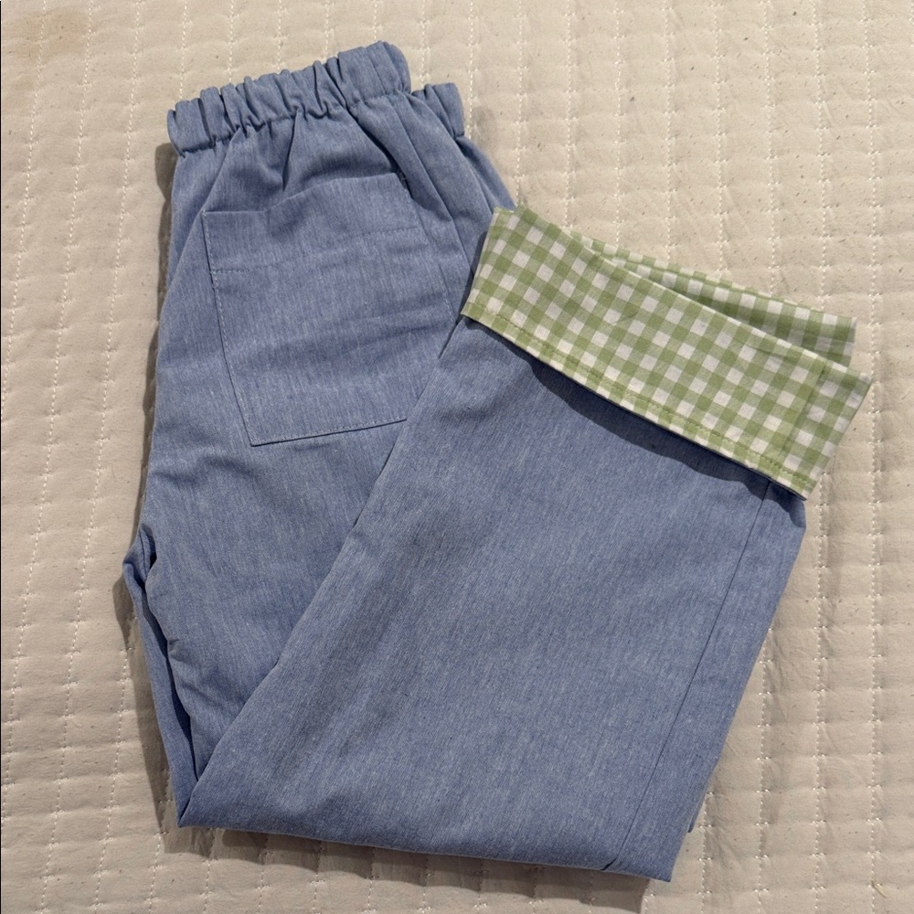 Blue Casual Elastic Waist Pants with Green Check Cuff
